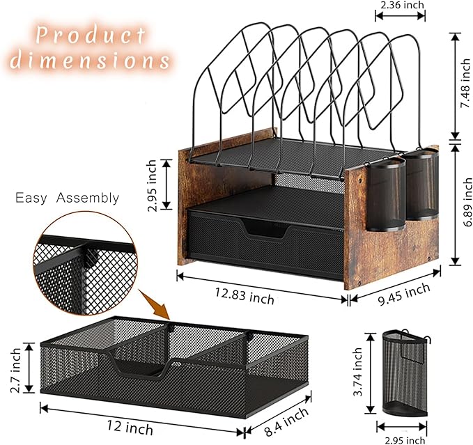 Wood Desk Organizer - 2-Tier Desktop File Organizer with Drawer with Vertical File Holder, Wooden Paper Tray, Office Desk Organzier and Accessories for Papers, Mail, Notebooks, Stationery