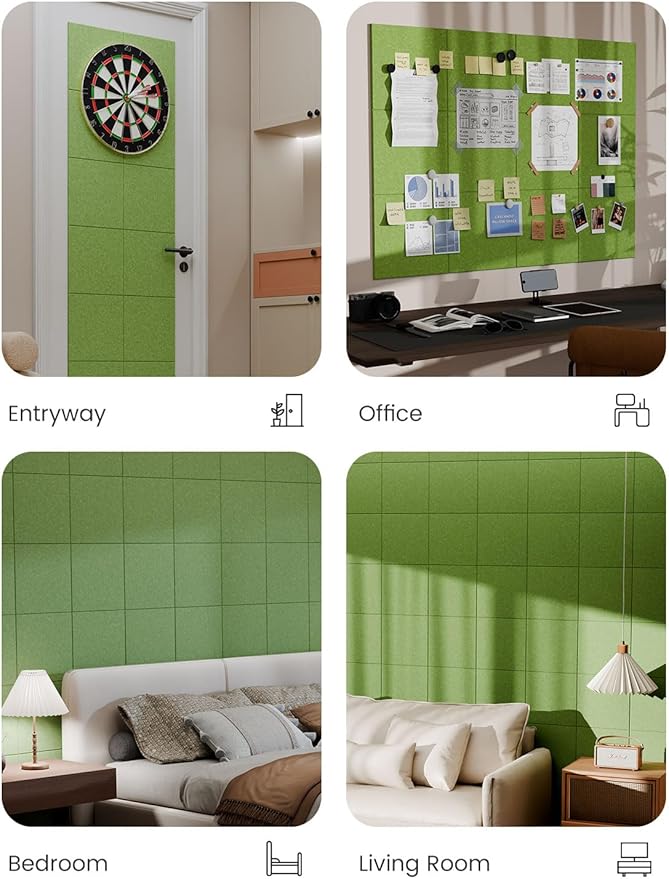 Bumusty Large Cork Board 47"x35" Alternative - 12 Pack Felt Wall Tiles with 70 Safe Removable Adhesive Tabs, 30 Pushpins, Cork Boards for Walls Pin Board Bulletin Board Office Decor (Grass Green)