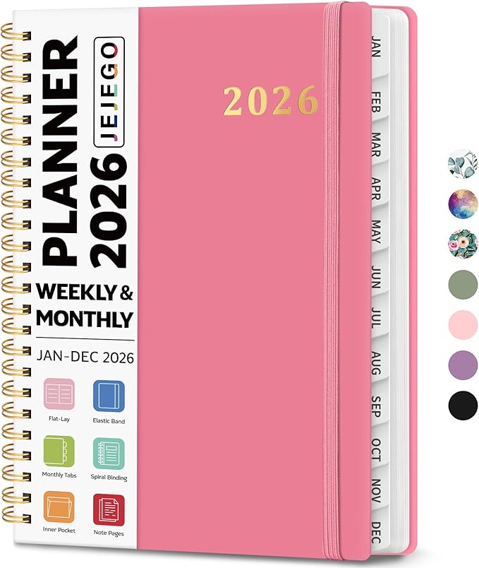 2026 Planner, Weekly and Monthly Calendar Planner Book, January 2026 - December 2026, Hardcover Spiral Planner with Monthly Tabs, Notes Pages, Perfect for Women & Men, A5 (6.4" x 8.5") - Rose Red