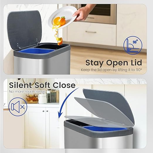 Kitchen Trash Can 16 Gallon, 2 x 30 Liters Trash and Recycle bin Combo, Dual Compartment & Soft Close Lid, Stainless Steel Trash Can, Fingerprint-Proof, 60L Pedal Recycling Bin