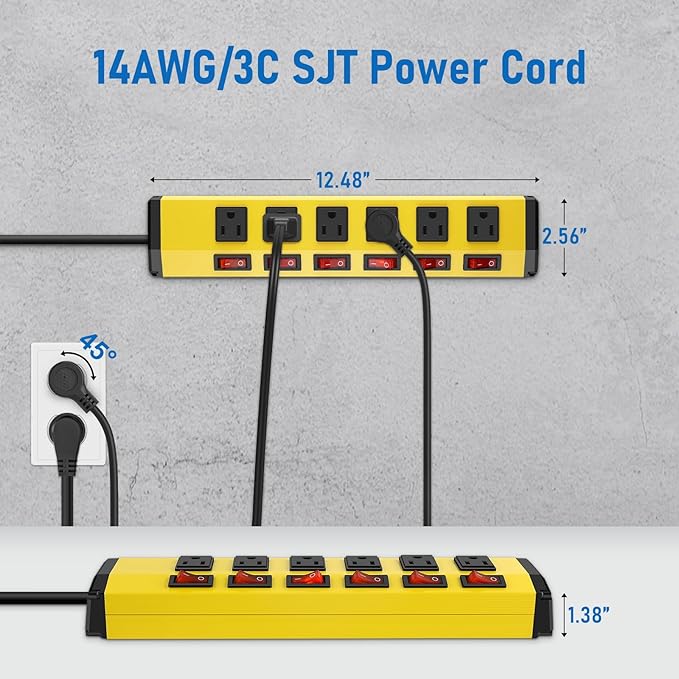 ANNQUAN 4PCS 6 Outlet Metal Power Strip with 6 Individual Switches,Heavy Duty Power Strip 1200J 15A 6FT Cord Home Office Industrial Commercial Shop