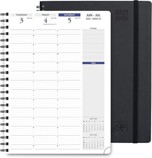 POPRUN 2025-2026 Academic Planner Spiral Bound, 8.5'' x 11.25'' Appointment Book (July 2025-June 2026) Quarter-Hourly Weekly Schedule, Leather Cover, Monthly Tabs, 2 Inner Pockets - Black