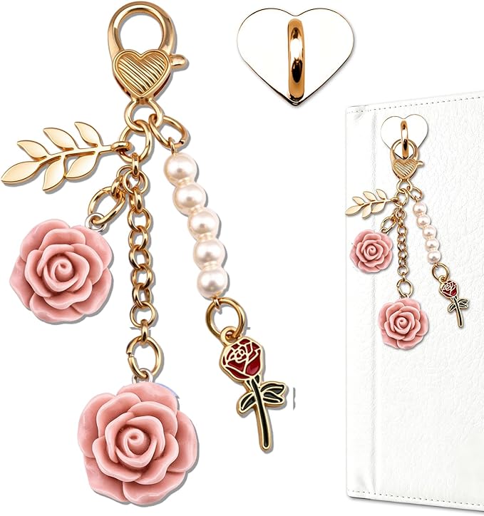 Rose Purse Charms Cute Flower Keychain With Heart Sticker Charm Chain For Kindle Colorful Bag Charms For Handbags