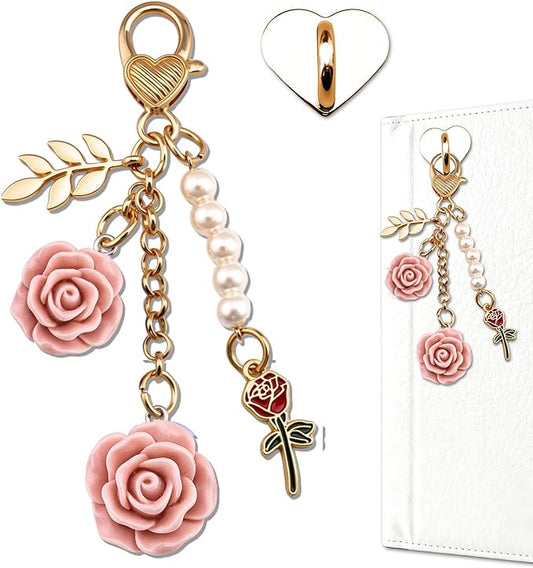 Rose Purse Charms Cute Flower Keychain With Heart Sticker Charm Chain For Kindle Colorful Bag Charms For Handbags