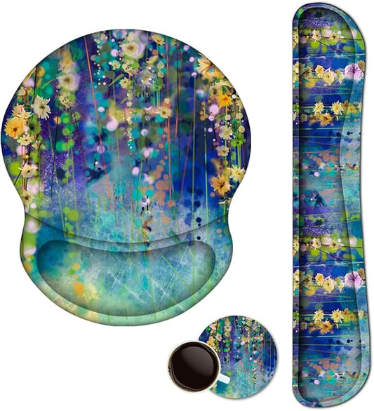 ArtSo Mouse Pad Keyboard Wrist Rest Support Ergonomic, Upgraded Cushion Mousepad Gel Memory Foam Non-Slip Rubber Base Pain Relief & Easy Typing for Home,Office, Oil Painting Flowers