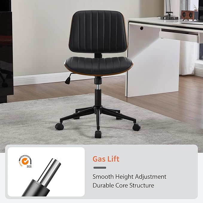 Small Home Office Chair - Armless Mid Back Desk Chair with 360° Swivel and Wheels, PU Upholstered Height Adjustable Modern Walnut Computer Chair for Home, Office Meeting Room - Black