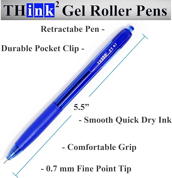 THINK2MASTER [24 Pens - Blue Ink Think2 0.7mm Precision Tip Gel Pens. (24 Blue) Fine Point Small Rollerball Pens with Smooth Quick Drying Ink.