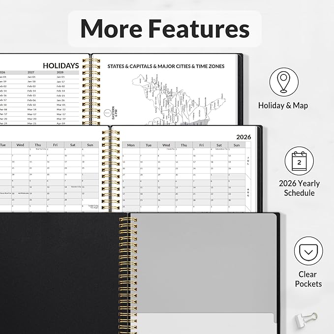 SUNEE 2026 Weekly and Monthly Planner - from January 2026 - December 2026, 8.5"x11" Daily Agenda Planner with Monthly Tab, Flexible Cover, Note Pages, Pockets, Bookmark, Spiral Binding, Black