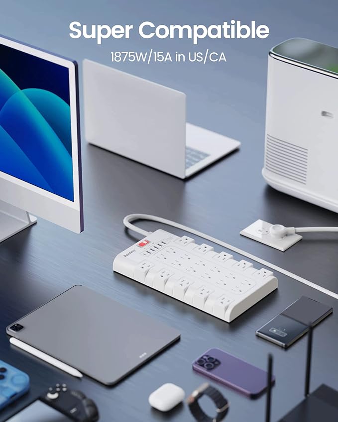 SUPERDANNY Power Strip Surge Protector with 22 AC Outlets and 6 USB Charging Ports, 6.5Ft Mountable Flat Plug Extension Cord (1875W/15A) for Home, Office, Dorm, Gaming Room, 2100 Joules, White