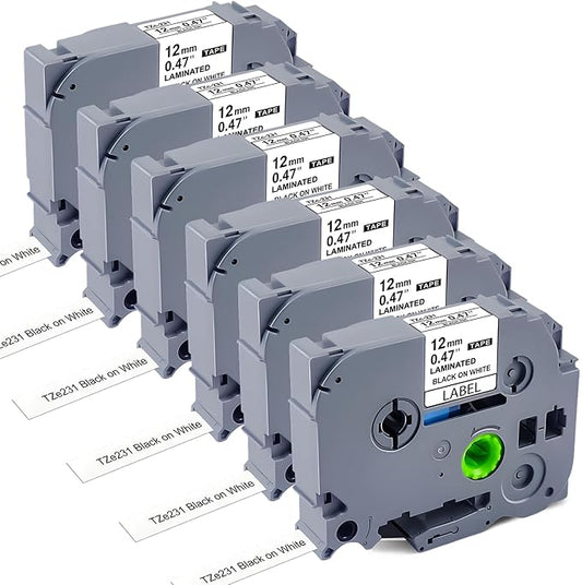 Label Maker Tape Refill 12mm 0.47 Laminated White Replace for Brother P-Touch Label Tape TZe TZ TZe-231 TZe231 Compatible with Brother P Touch PTD210 PTD220 PTH110 PTH111, Black on White, 6 Pack