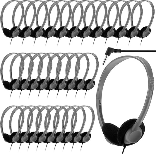 Yunsailing 30 Pack Class Set Headphones for Kids Students Bulk Classroom Headsets School Earphones Adjustable with 3.5mm Jack for Children Youth Boys Girls Adults Laptop Computer(Grey)