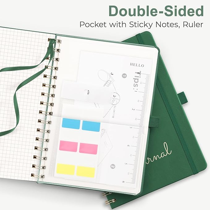 EMSHOI B5 Graph Grid Notebook - 140 Pages 100GSM Grid Paper, Vegan Leather Floral Cover with Spiral Binding for Engineering, Bullet Journaling, School & Work - Includes Ruler, Pockets -Dark Green
