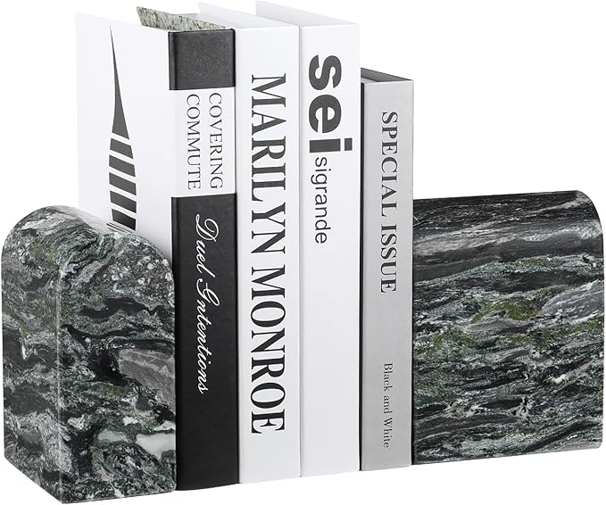 Koville South African Natural Marble Bookends for Shelves, Non-Slip Book Ends, 13LBS Ultra Heavy Duty Marble Book Holder Organizer, Apartment Decor for Movies/CD/Video Games(Olive Green)