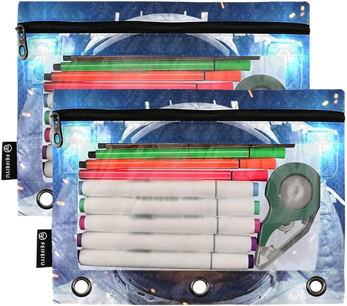 Astronaut Cat Space Pencil Pouch for 3 Ring Binder, 2 Pack Waterproof Pencil Bags Clear Window Zipper School Office Supplies