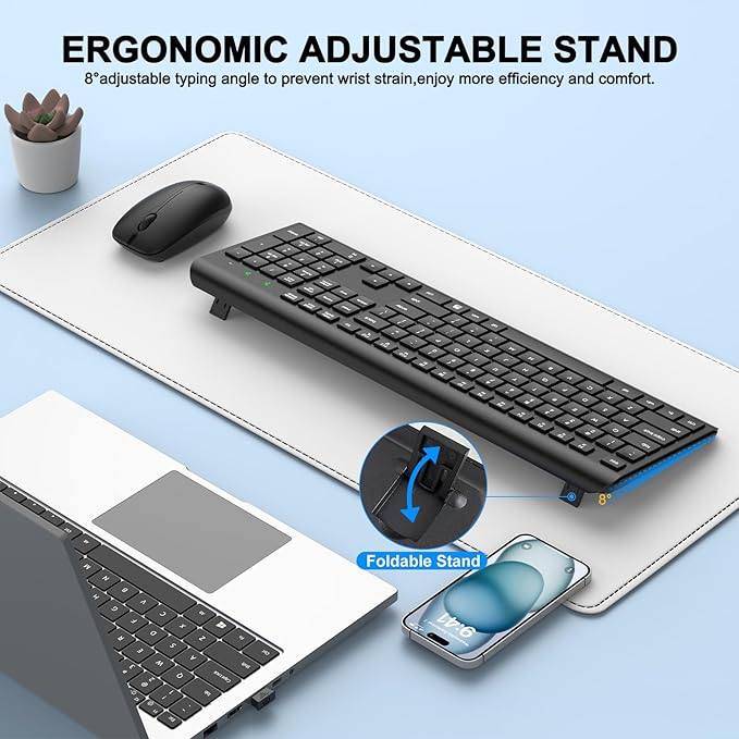 Wireless Keyboard and Mouse Combo, Full-Size Silent Ergonomic Keyboard and Optical Mouse, Long Battery Life, 2.4GHz Lag-Free Cordless Mice Keyboard for Computer, Mac, Laptop, PC, Windows