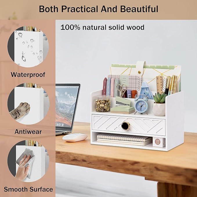 white Wood Desk Organizer and Accessories with Drawer, Bill Mail Organizer and File Mail Holder for Office Supplies, Desk Accessories & Workspace Organizers for Desk Organization