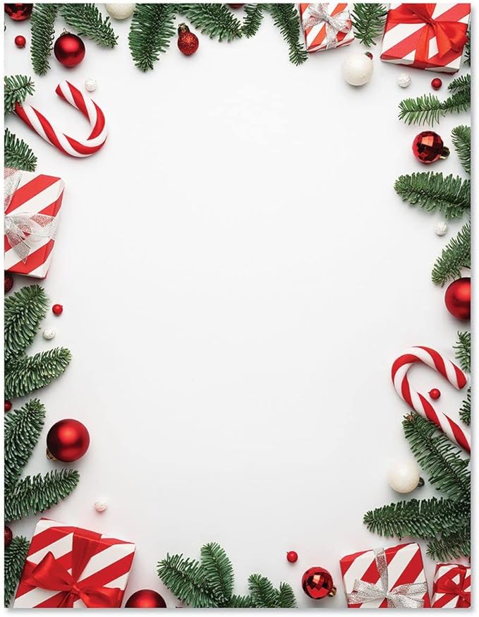 Pine and Presents Border Letter Paper - Set of 25 Christmas stationery papers are 8 1/2" x 11", compatible computer paper