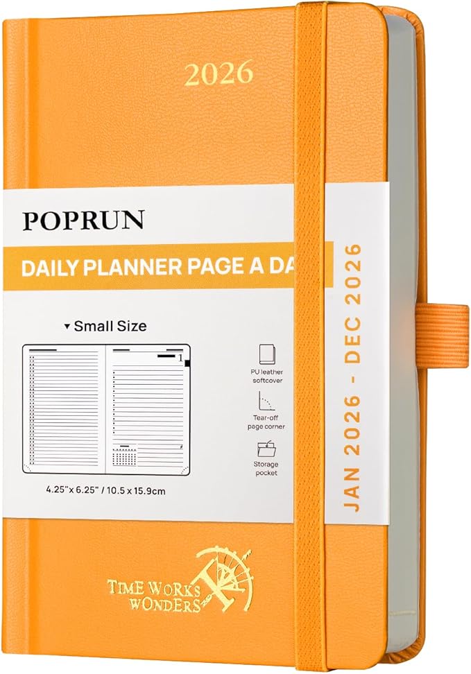 POPRUN 2026 Daily Planner One Page Per Day A6 Size Calendar (4.25" x 6.25") - 12 Months Hourly Appointment Book with Hardcover, Monthly Tabs, Pocket, Pen Holder - Orange