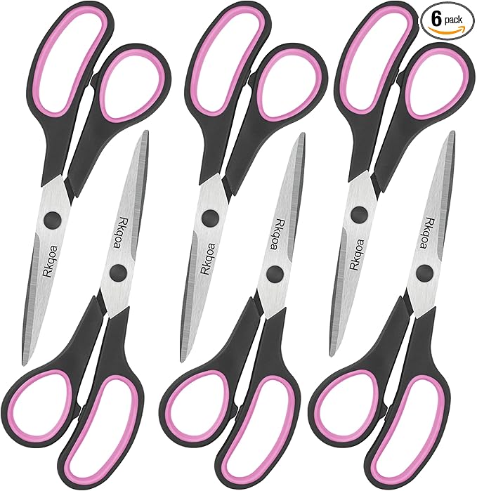 Scissors Bulk, Rkqoa 8" Scissors All Purpose 6 Pack Set- Comfort-Grip Sharp Shears for Office School Sewing Craft, Back to School Supplies, Classroom Must have, Teacher/Class Everyday use