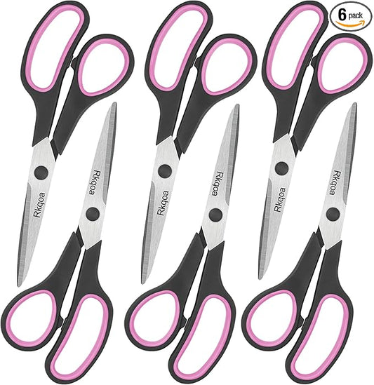 Scissors Bulk, Rkqoa 8" Scissors All Purpose 6 Pack Set- Comfort-Grip Sharp Shears for Office School Sewing Craft, Back to School Supplies, Classroom Must have, Teacher/Class Everyday use