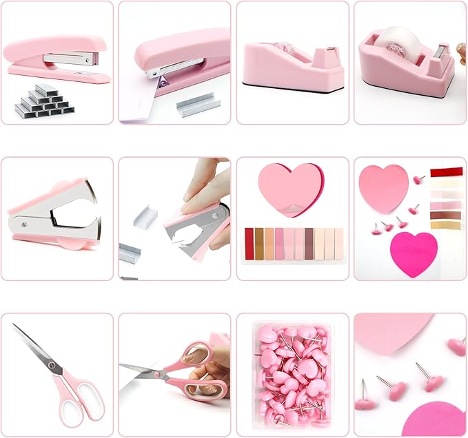 Pink Stapler and Tape Dispenser Set - Office Accessory Kit, Gift for Women, Coworkers, Boss Lady, Clerks
