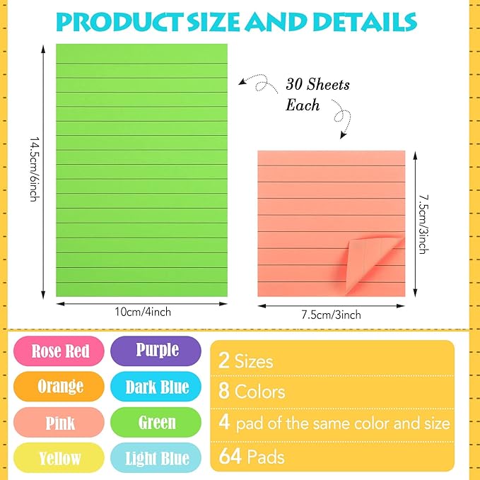 Yexiya 64 Pcs Lined Sticky Notes Self Stick Notes with Lines Bright Assorted Colors Sticky Pad for Home Office Products Post Memos, 1920 Sheets(4 x 6 Inch, 3 x 3 Inch,Vivid Color)