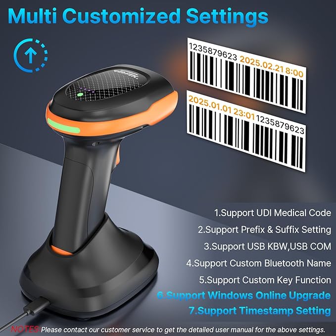 AGPTEK Bluetooth & 2.4GHz Wireless Barcode Scanner with Patented Color Light Technology for Color Barcodes, 2D/1D QR Code Reader, Customizable Settings & Wireless Charging Cradle