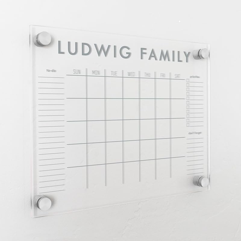 Personalized Clear Acrylic Calendar for Wall, Calendar Whiteboard for Wall, Dry Erase Wall Calendar, Wall Calendar Organizer System for Home (Block, Grey, 14"W x 11"H)