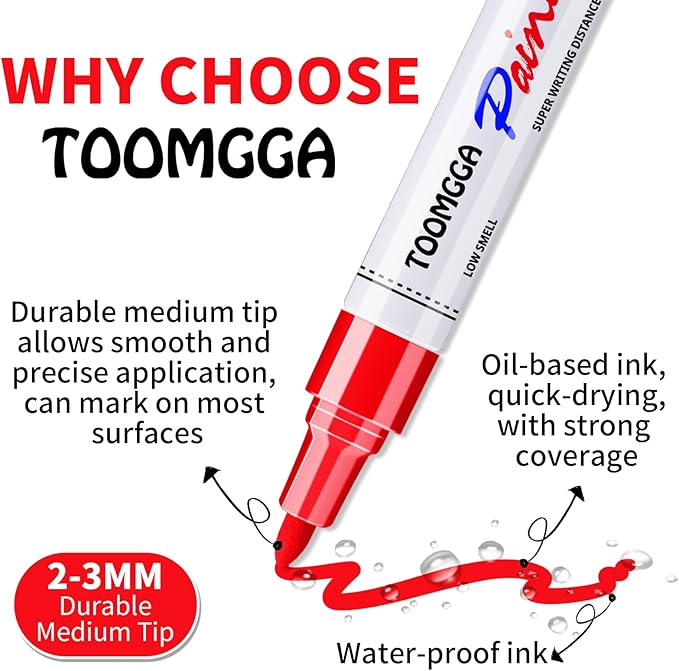 Paint Pens Paint Markers Red - 6 Pack Permanent Markers Oil Based for Metal Wood, Pens for Metal, Car Tyre,Plastic, Ceramic, Plastic, Canvas, Rock Painting, Glass, Craft Supplies