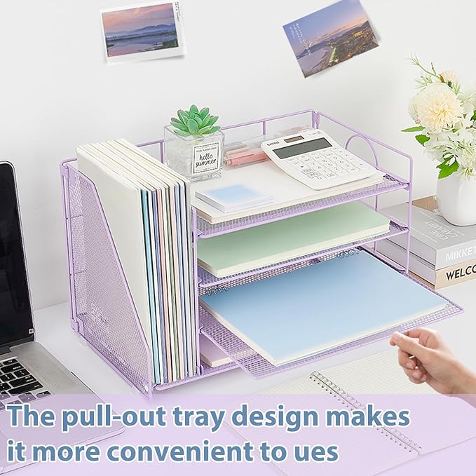 OPNICE 4-Tier Paper Organizer with Magazine Holder, Desk Organizers and Accessories, Office Desk Accessories & Workspace Organizers, Desktop File Organizer for Office Supplies Storage, Purple
