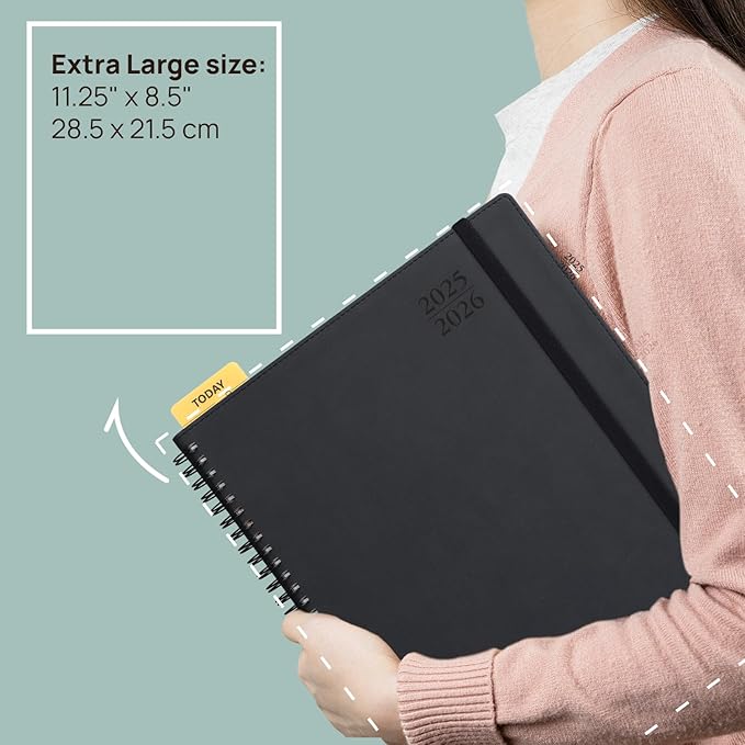 POPRUN 2025-2026 Monthly Planner Spiral Bound, 8.5'' x 11.25'' Academic Calendar (July 2025-July 2026) Appointment Book with Stair Tabs, Leather Cover, 4 Pages per Month with Notes - Brown