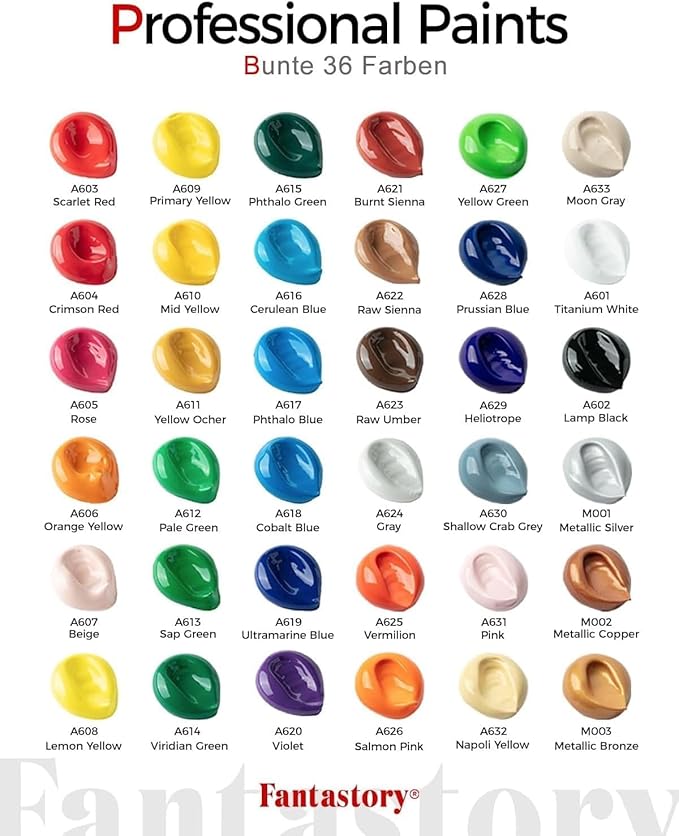 Fantastory Acrylic Paint Set 36 Classic Colors(2oz /60ml) with 12 Brushes, Professional Craft Thick Paints Kits for Adults, Canvas Wood Fabric Ceramic Rock Painting Supplies [Professional Series]