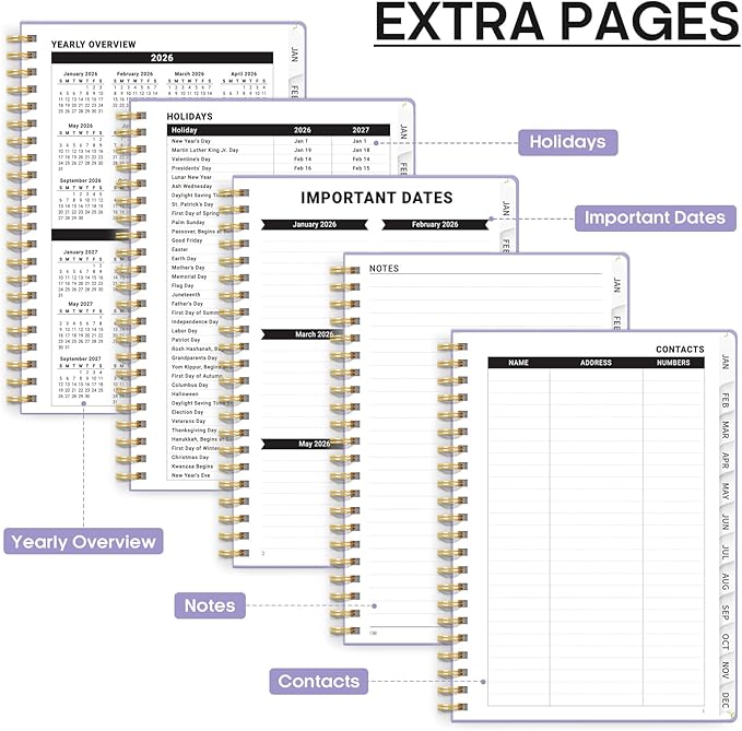 2026 Planner, Weekly and Monthly Calendar Planner, January 2026 - December 2026, Hardcover 2026 Calendar Planner Book with Tabs For Women & Men, Inner Pocket, Spiral Bound, Perfect for Office Home School Supplies - A5 (6.3" x 8.5"), Purple