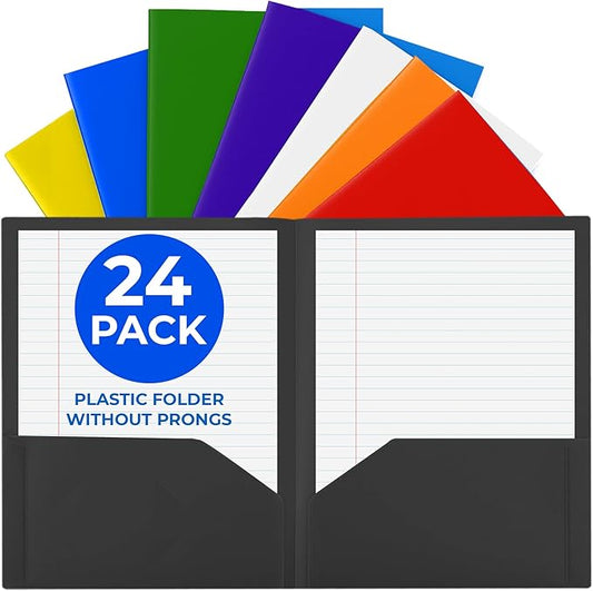 24 Pack Assorted Colors Plastic Folders with Pockets Heavy Duty. 2 Pocket Folder no Prongs Bulk. Tear-Resistant Letter Size 8.5x11. Presentation Ready School and Office Supplies