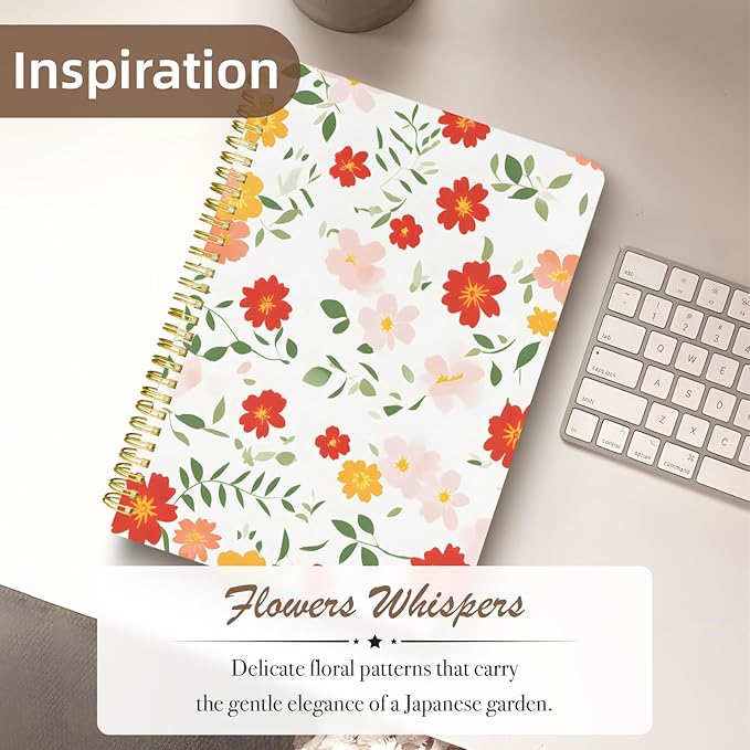 Cute Spiral Notebook journal B5 Aesthetic Pretty Design for Women Girls Kawaii with Pocket, 10 x 7.2 inch, Lined, Red Floral