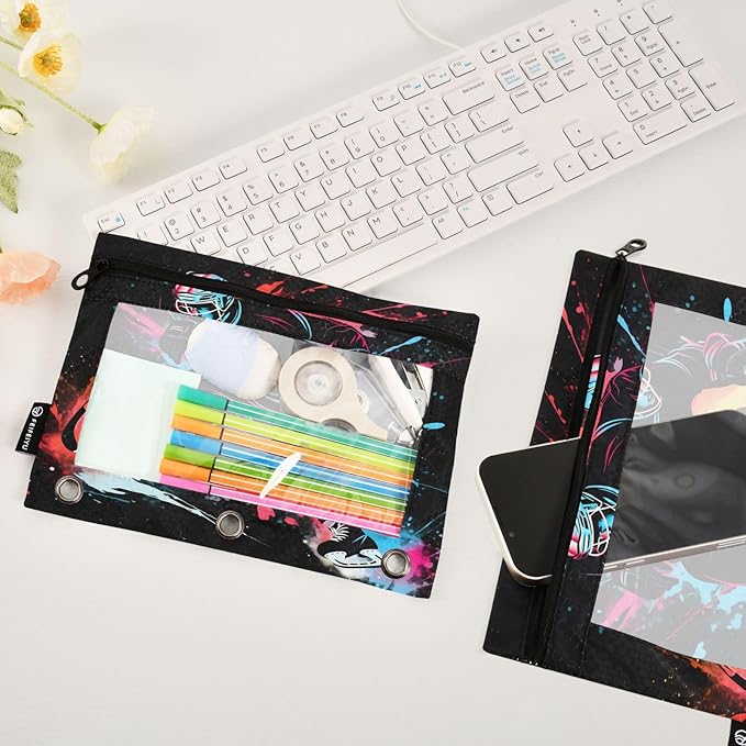 Hockey Player Pencil Pouch for 3 Ring Binder, 2 Pack Waterproof Pencil Bags Clear Window Zipper School Office Supplies