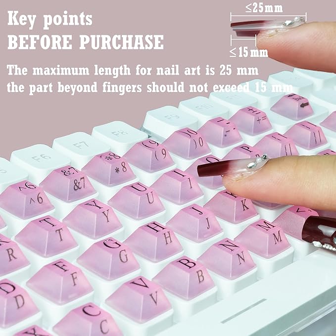80 Pcs Self-Adhesive PC Keyboard Keys for Long Nails Typing and Gaming, Anti-Damage Symbolic and Alphanumeric Keys for Nail-Art (Purple Pink)