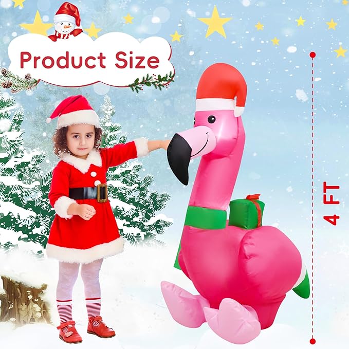 4FT Christmas Inflatable Flamingo Blow up Christmas Decoration Built-in LEDs Indoor Outdoor Yard Graden Party Holiday Decor