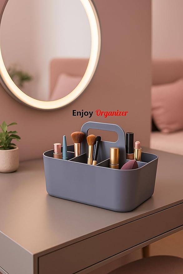 2 Pack Small 6 Compartment Multiuse Caddy Organizer with Handle Art Craft Supplies, Office, Desk, Stationery Pen Holder Stackable- Made In USA (Mint/Gray)