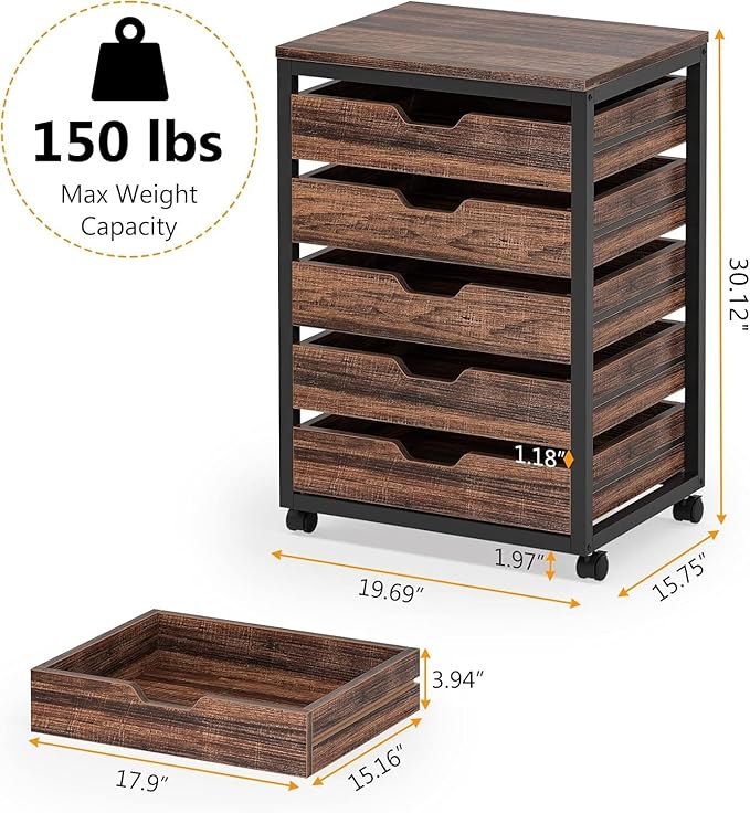 Tribesigns 5 Drawer Chest, Wood Storage Dresser Cabinet with Wheels, Industrial Storage Drawer Organizer Cart for Office Bedroom Entryway (Rustic Brown, 1 PC)
