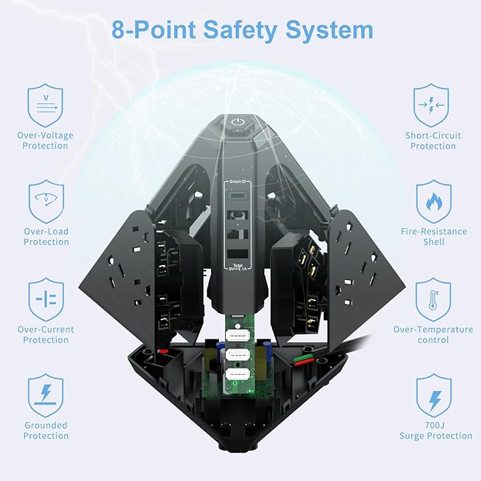 Tower Surge Protector Power Strip, NVEESHOX 9 AC Outlets with 4 USB Ports (1 USB C) 3-Side Triangle Outlets with USB Ports,6.5 Ft,Flat Plug, Charging Station with Surge Protection (Black+6.5 FT)