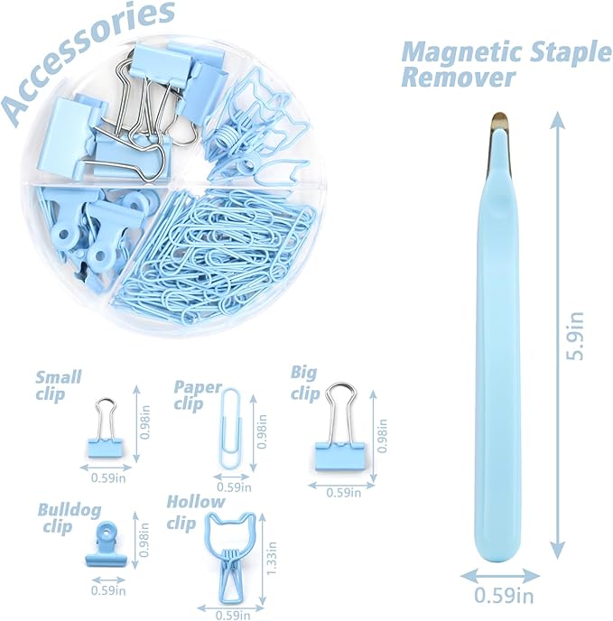 Blue Office Supplies,UPIHO Blue Desk Accessories,Stapler and Tape Dispenser Set for Women with Stapler,Tape Dispenser,Magnetic Staple Remover,Staples,Clips,Hole Punch and Tabs,School Supplies