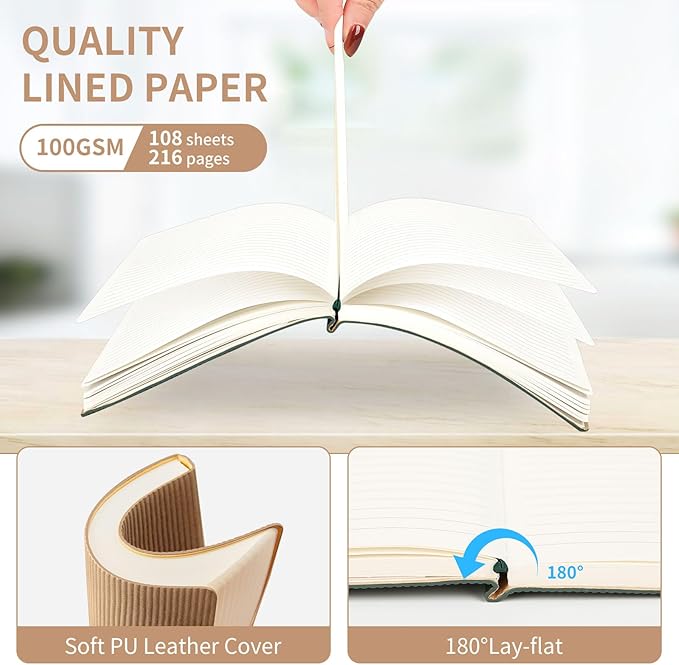 TSFPapier A5 Lined Notebook with Pen & Gift Box 216 Pages PU Leather Journals for Women Men 100GSM Thick Paper College Ruled Notebook for School,Travel,Business,Work,Home Writing (Khaki)