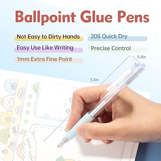 Quick Dry Glue Pens, Ballpoint Roller Stick Pen Set, Apply Glue Like Writing, Easy Precise Control Fine Tip Adhesive for Crafting, Scrapbooking, Card Making, Foil Calligraphy, Kids, Artists