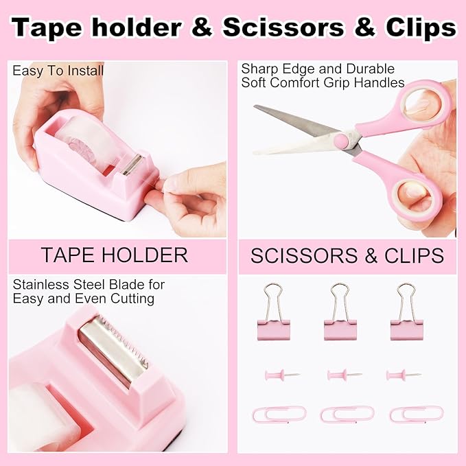 Desk Organizers and Accessories Set with 360-Degree Rotating Pen Holder, Tape Dispenser, Stapler, Staple Remover, 1000 Staples, Tape, Clips Set, Ruler, Scissor, Pen