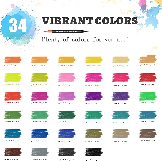 Coloring Markers Pens, 34 Dual Tip Brush Pens, Fine Point Marker set for Kids Adult Coloring Book, Bullet Journaling, Drawing