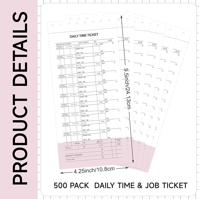 500 Pack Daily Time and Job Ticket 12 Flag Mechanics Time Sheets Cards for Employees Weekly Format Repair Shop Office Business, 4 1/4" x 9 1/2"