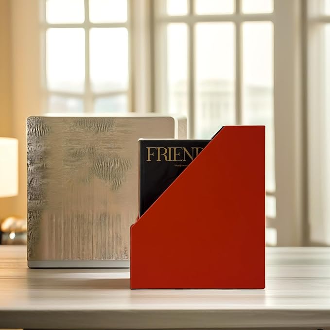 UnionBasic Magazine File Holder - Office Leatherette Desktop Document File Folder Journals Organizer Racks, Red