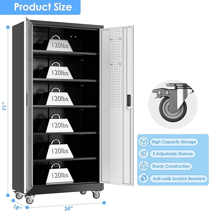 Aobabo Garage Storage Cabinet with Wheels, Metal Storage Cabinet with 5 Adjustable Shelves for Garage Home, Black&Silver,71" H*34''W*18''D,Required-Assembly,