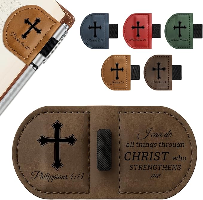 Bygone Mark Personalized Magnetic Leather Bookmark with Pen Holder - Inspirational Bible Verse Scripture Design, Custom Book Marker for Book Lovers Men Women (Coffee-Philippians 4:13)